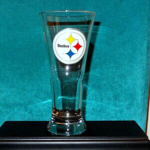 VTG NFL Pittsburgh Steelers Tall Beer Fluted Pilsners Glass Pewter Emblem Heavy